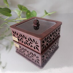 جعبه پذیرایی آجیل، شکلات و جواهرات کدHB11، جنس چوب درجه 1، رنگ گردویی تیره، سایز 5در11.5در11.5سانت