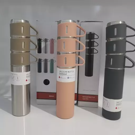 فلاسک  استیل  VACUUM  FLASK  SET 0 نیم  لیتری  به همراه 3 لیوان 