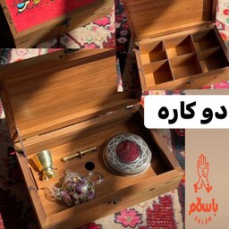 ظروف بسته بندی زعفران -  پک چوبی دوکاره خاتم همراه با هاون  برنجی و قوری  مخصوص