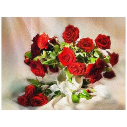 تابلو فرش ماشینی چاپی 1200 شانه طرح گلدان گل رز قرمز سایز 50 در 70 (گل و گلدان)