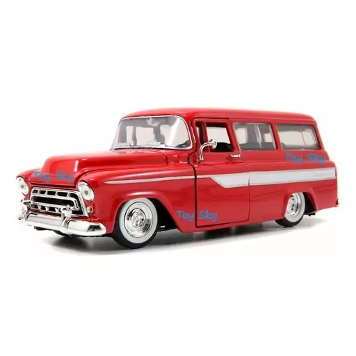 ماکت ماشین - شورلت سابربن 1957 - 1957 Chevy Suburban - مقیاس 1.24 برند جادا Jada قرمز - فلزی - فول بازشو + تجهیزات اضافی