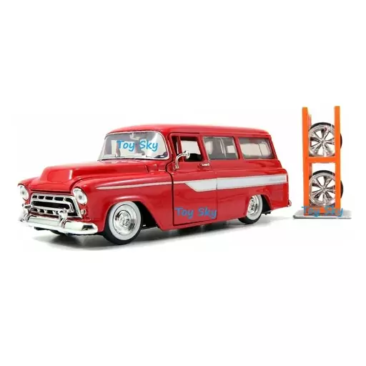 ماکت ماشین - شورلت سابربن 1957 - 1957 Chevy Suburban - مقیاس 1.24 برند جادا Jada قرمز - فلزی - فول بازشو + تجهیزات اضافی