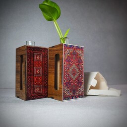 گلدان چوبی فانتزی، طرح فرش ایرانی، اصیل و خوش نقش و نگار، همراه با جعبه، مناسب هدیه، 9 در 4ونیم سانت