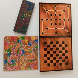 شش بازی چوبی اصلی با کیف چرم. دوز منچ مارپله چاکرز شطرنج