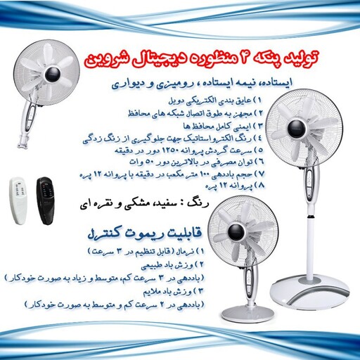 پنکه شروین 4منظوره 12پره ایستاده ،رومیزی،دیواری و کنترل دار (فروش ویژه)