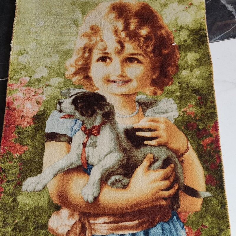 تابلو فرش دستبافت دختر و سگ.  گل ابریشم 