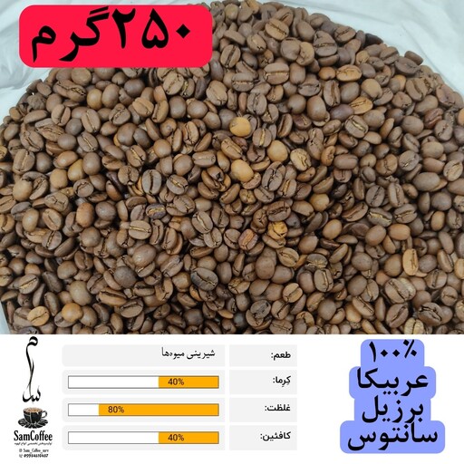 قهوه عربیکا برزیل سانتوس 250 گرمی به صورت دانه قهوه و پودر قهوه اسپرسو موکاپات جزوه دله 