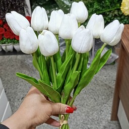 گل مصنوعی دسته گل لاله لمسی سفیدوکالباسی وارداتی دارای 10شاخه ارتفاع33سانت