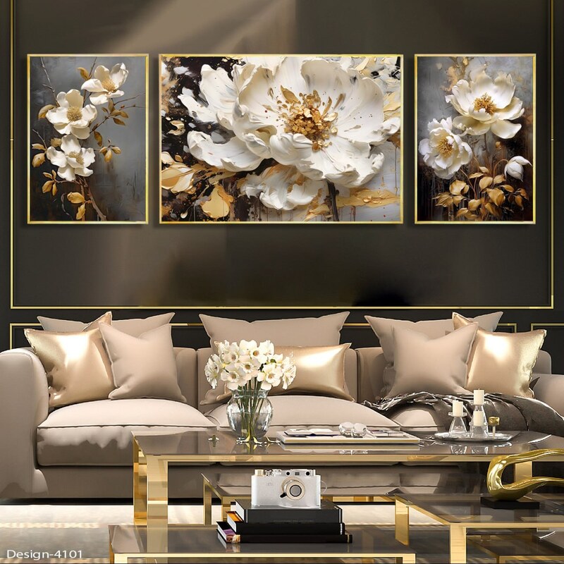 تابلو دکوراتیو مدرن مجموعه گل های سفید با برگ های طلایی3تیکه سایز ی عدد 60در90و دو عدد 40در60