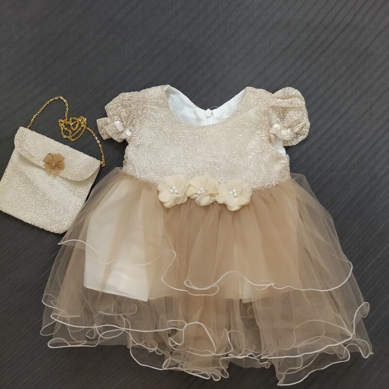 سارافون تور کیف دار نسکافه ای نوزادی تا دو سال لباس بچه گانه دخترانه لباس عروس لباس مجلسی  شومیز دخترانه 