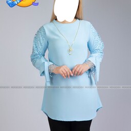 شومیز مجلسی زنانه  آستین گیپور طرح پولکی پشت لباس کمربند دارد هر عدد شومیز یک عدد گردن بند طلایی دارد  