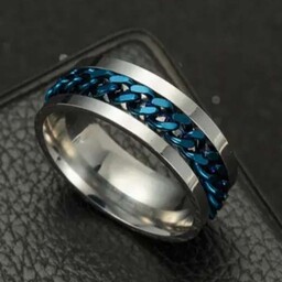انگشتر مردانه مدل زنجیردار رنگ آبی نقره ای 
