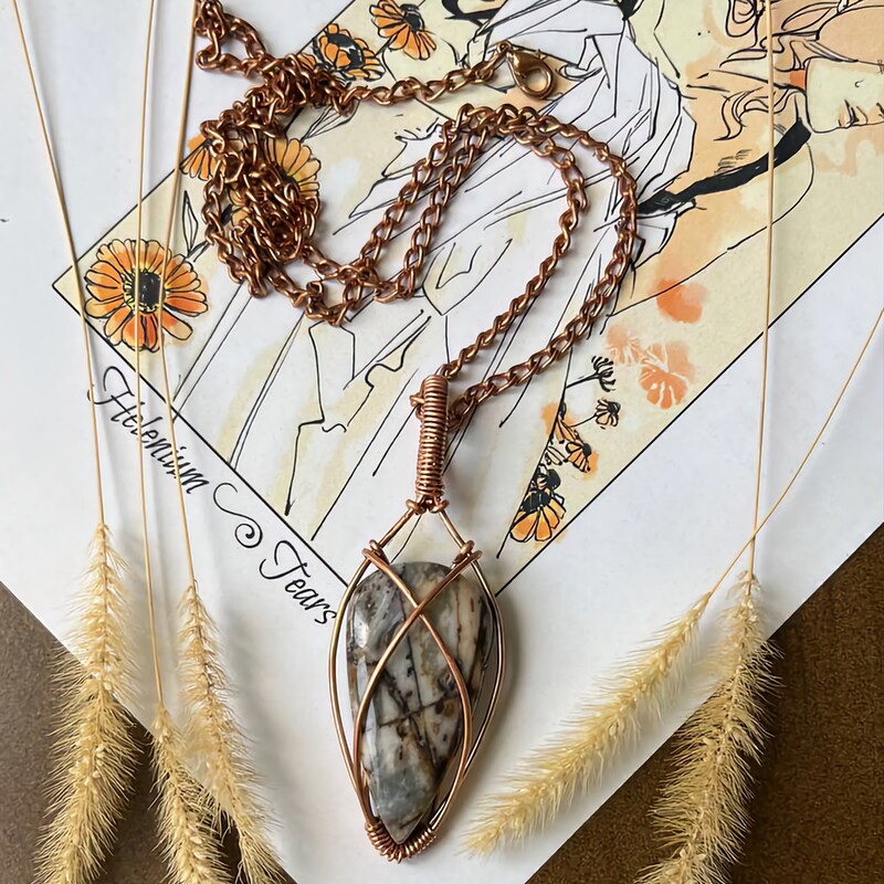گردنبند سنگ جاسپر پیکاسو زنانه مردانه به همراه زنجیر مسی ساخته شده با مفتول مسی سنگ اصل