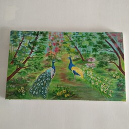 تابلو نقاشی رنگ روغن باغ طاووس