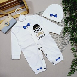 لباس نوزادی پسرانه سرهمی نوزادی پسرانه سایز یک دو سه بدو تولد تا سه ماهگی رنگ سفید طرح کلاه و سبیل
