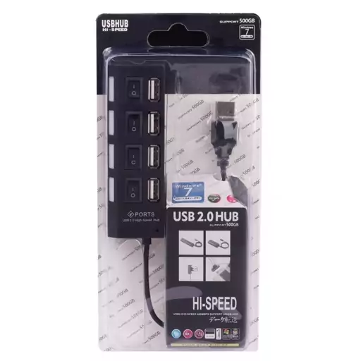 هاب 4 پورت USB 2 دارای کلید رنگ مشکی پکدار