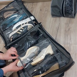 کاور کفش مسافرتی جا کفشی مسافرتی جا کفشی چمدانی دارای 6 قسمت برا ی 6 جفت کفش دو لایه دوخته شده و از طلق بسیار ضخیم دوخته
