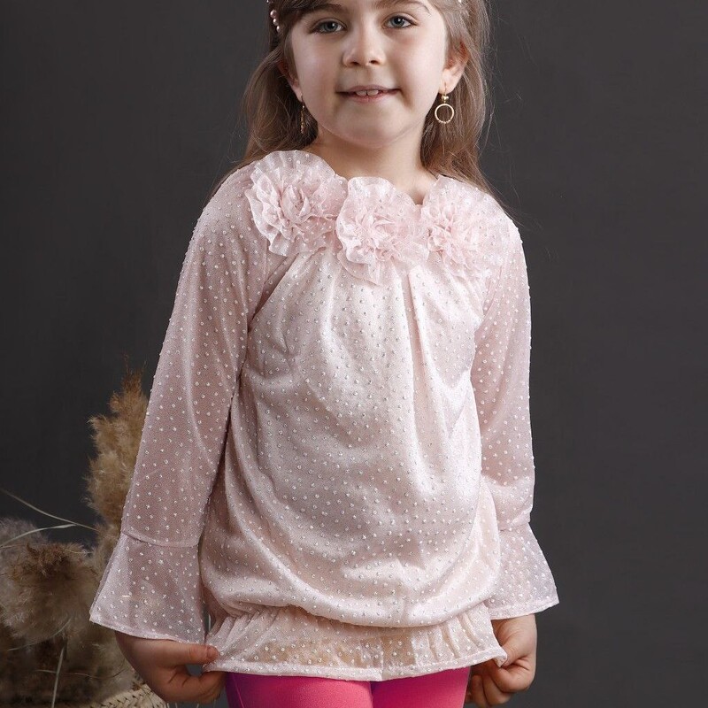 لباس بچگانه شومیز دخترانه حریر شاین اکلیلی سایز 4 تا 6 سال رنگ آدامسی
