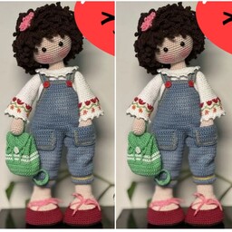 عروسک دختر مو فرفری  به همراه کیف و لباس جدااز عر وسک بافته شده
