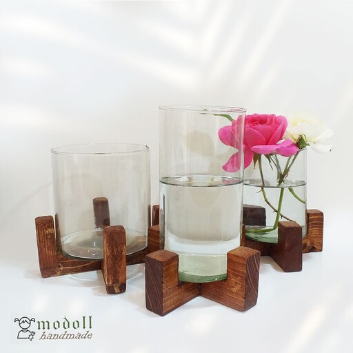 پایه گلدان چوبی دستساز مناسب برای تنگ و ظروف شیشه ای با قطر  11 و 12 سانتیمتری رنگ موجود گردویی(تیره)