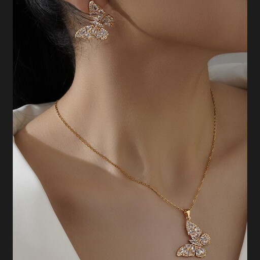 نیم ست گردنبند و گوشواره پروانه جواهری طلایی زنانه و دخترانه