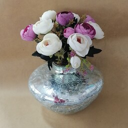 گلدان گل مصنوعی شیشه ای طرح شکسته خمره ای نقره ای 35 سانت
