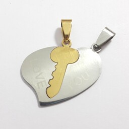 پلاک ست استیل طرح قلب و کلید طلایی نقره ای رنگ ثابت