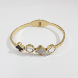 دستبند استیل مدل النگویی طرح گل سرامیکی و نگین رنگ ثابت طلایی