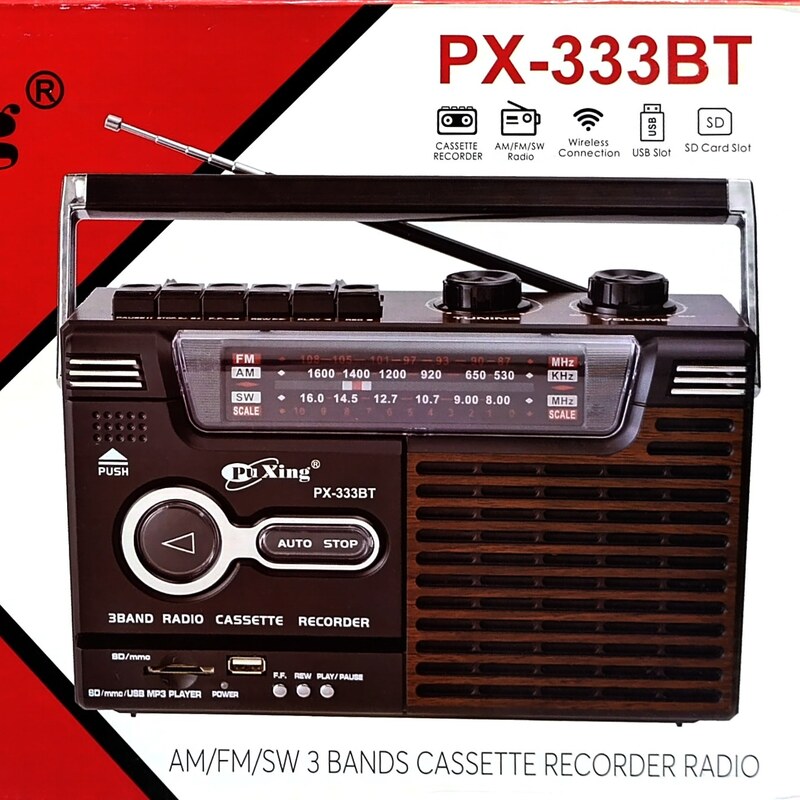  رادیو کاست  دار و اسپیکر مدل PX-335BT دارای 3 مواج دریافتی  FM  AM  SW به ریموت کنترل