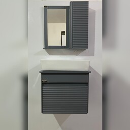 روشویی کابینتی طوسی مات با سنگ سفید تونی پلاس ابعاد 46 در 30 همراه آینه و باکس پس کرایه