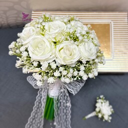 دسته گل مصنوعی رز سفید و ژیپسوفیلا با گلهای با کیفیت لمسی و پارچه ای