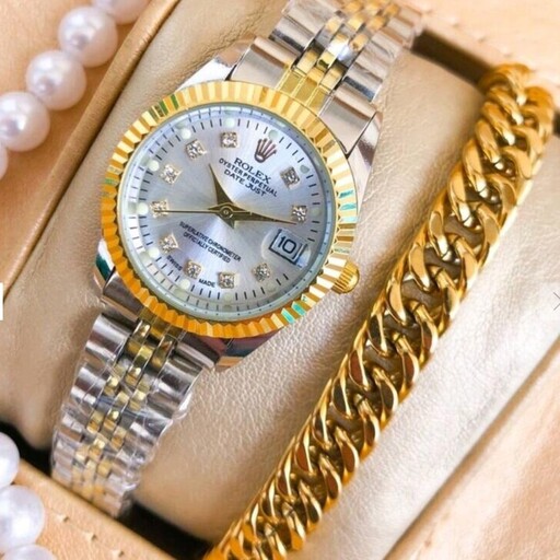 ساعت مچی زنانه رولکس صفحه سفید همراه دستبند