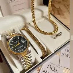 ساعت ست مردانه کامل رولکس rolex استیل همراه دستبند ، گردنبند و حلقه