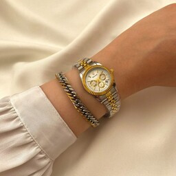 ساعت مچی زنانه رولکس طرح سه موتور صفحه سفید طلایی نقره ای همراه دستبند 