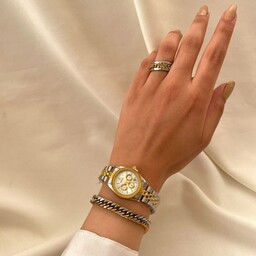 ساعت مچی زنانه رولکس طرح سه موتور صفحه سفید همراه دستبند و حلقه انگشتر