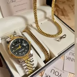 ساعت مچی ست مردانه کامل رولکس rolex استیل همراه دستبند ، گردنبند و حلقه