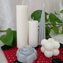 شمع ست دکوری شامل شمع استوانه ای2عددی، مخروطی، گل رز روبیک