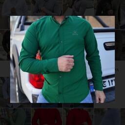 پیراهن مردانه سبز چمنی اندامی آستین بلند کشی ساده (ارسال رایگان )