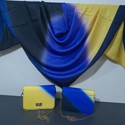 ست کیف و روسری مجلسی رنگ بنفش و زرد طرح ساده با کیف پاسپورتی و روسری نخی اعلا   na58