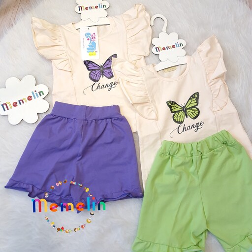 لباس بچگانه کودک ست دخترانه دو تکه تیشرت آستین کوتاه و شلوارک پروانه مناسب یک تا چهار سال