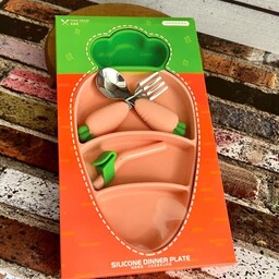 ست 5 تیکه ظرف غذای کودک مدل سیلیکونی 3 خانه طرح هویج به همراه قاشق و چنگال و نی و نی شور