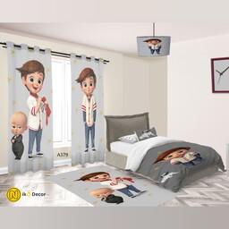 ست چهار تکه اتاق خواب کودک یک پنل پرده روتختی تک نفره یا نوجوان یا نوزادی و فرش و لوستر طرح بیبی باس