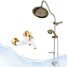 علم دوش حمام شیپوری همراه با شیر حمام بامبو رنگ سفید طلایی شیرالات برند اندیکا