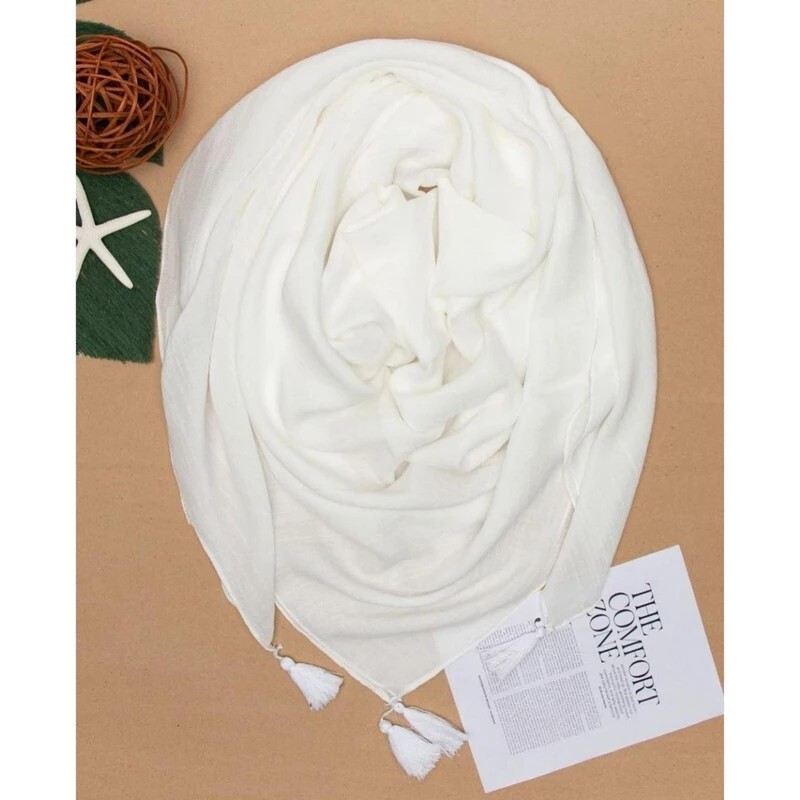 روسری مجلسی سفید  کریستال (تسلا) منگوله دار شاین، با ایستایی عالی، جدید، قواره 130 