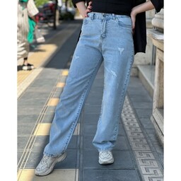 شلوار جین زنانه مدل نیم بگ رنگ آبی روشن پارچه جین پنبه اورجینال