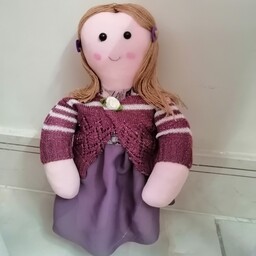 عروسک پارچه ای زهره لباس بنفش مو قهوه ای 29سانت به همراه بالن بادکنک مناسب برای هدیه دادن وروز دختر