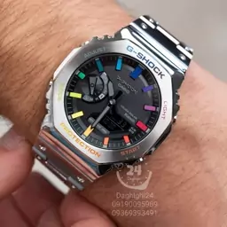 ساعت  مچی جی شاک GA2100 بند فلزی استیل اندکس رنگی (جیشاک GShock) تنظیم اتوماتیک با پایتخت کشورها ،اتولایت،رنگ ثابت