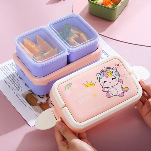 ظرف غذا دو طبقه لانچ باکس lunch box طرح یونیکورن داخل پلاستیک