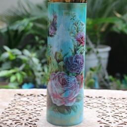 گلدان شیشه ای استوانه ای کار شده با رنگ مولتی سورفیس و ترنسفر و ضد آب شده با کریستال سرونیک