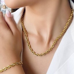 نیمست استیل گردنبند و دستبند طنابی طلایی 5 میل  رنگ ثابت